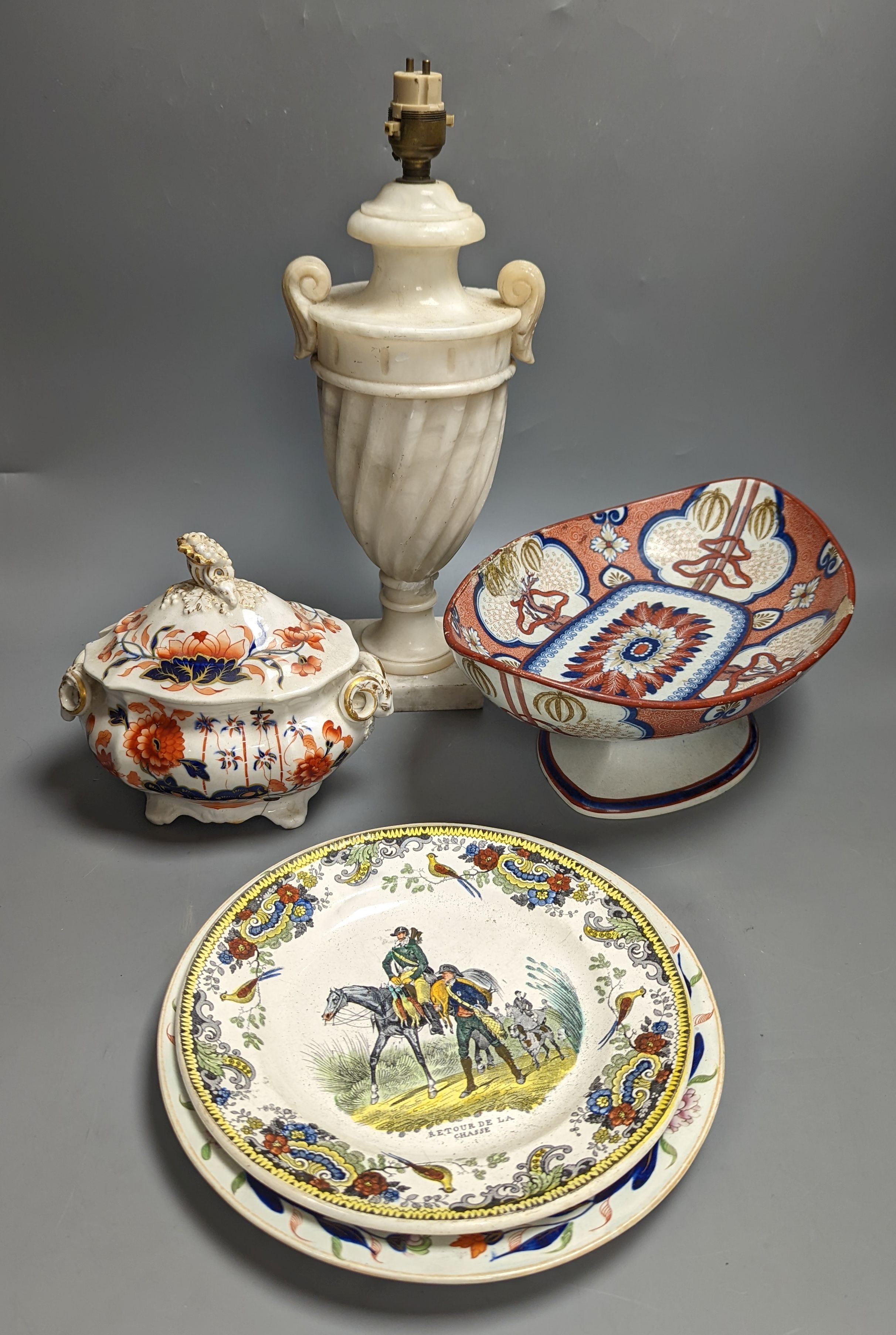 A quantity of mostly 19th century china and two lamps, 30 cms.